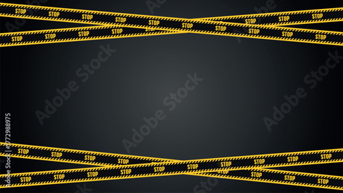Black background with yellow and black STOP warning tape. Caution border template for attention, danger, or restricted area. Police line concept for safety design, security notice, or alert backdrop