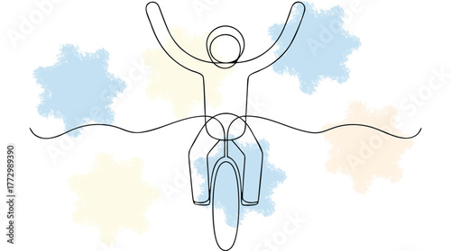 Cyclist celebrating victory one line drawing with abstract colorful shapes cycling bicycle single line
