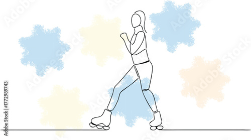 Single Line Drawing Roller Skater in Motion with Pastel Splatters