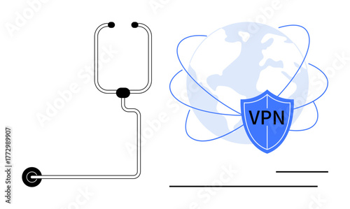 Globe surrounded by a VPN shield and orbital lines represents secure internet connection. Electric cable adds tech context. Ideal for cybersecurity, privacy, internet safety, connectivity, data