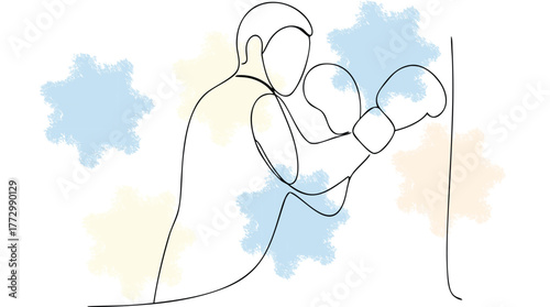 Boxing Match Line Art a Fighter Punching a Bag with Abstract Colors sport single line