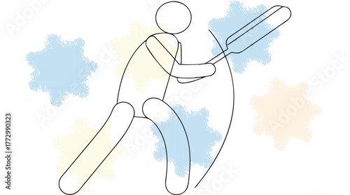 Minimalist Line Art a Person Playing Cricket with Abstract Splashes sport player single line