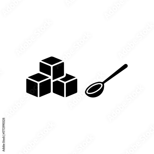 Minimalist black icon depicting three sugar cubes beside a small spoon on a clean white background, symbolizing sweetness, coffee or tea preparation, and simple kitchen essentials.