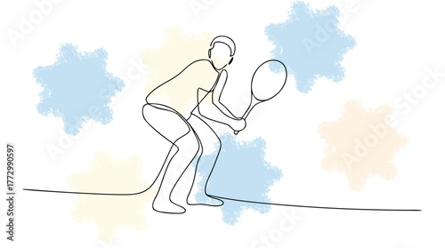 Continuous line drawing a tennis player in action with pastel colored splatters athlete single line
