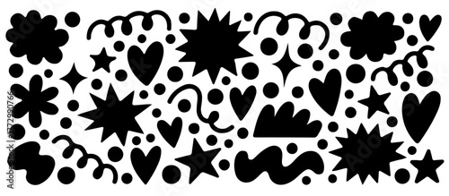 Vector illustration showcases playful, hand-drawn black doodles with added bold dots for a fun abstract effect. The composition features stars, hearts, squiggles, and bursts on a white background.