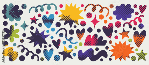 Vector illustration showcases playful, hand-drawn doodles in vibrant colors with a halftone dot texture. The abstract design features stars, hearts, squiggles, bursts, and dots on a light background.

