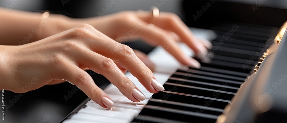 Obraz premium Hands skillfully playing piano keys in a cozy setting during a quiet afternoon