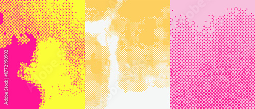 Vector illustration features a pop art style with vibrant pink, yellow, and light magenta colors. Geometric shapes and halftone dots create an abstract, retro-inspired theme. 