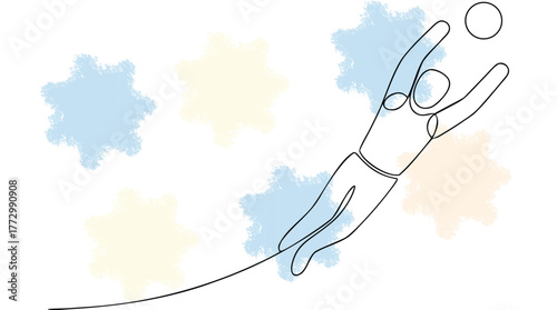 Continuous line drawing a soccer player jumping for a ball with pastel splatters action single line
