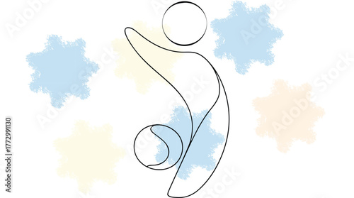 Abstract line art a person holding a baby with pastel colored splatters single line