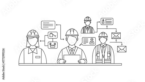 Construction team with data flow diagram