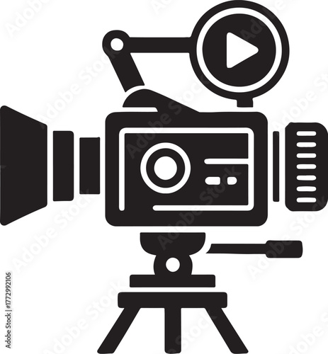 Silhouette of a classic vintage film camera placed on a tripod stand, displayed in elegant black vector design.eps