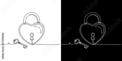 Heart-shaped padlock and key in minimalist design, Isolated vector image in line art style, two design options on transparent and black backgrounds, Valentine's Day
  