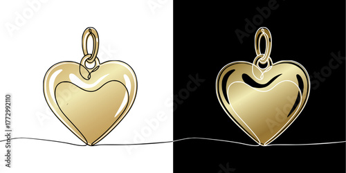 Gold heart pendant for Valentine's Day, Isolated vector image in line art style, two design options on transparent and black backgrounds
  
