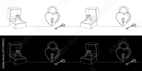 Ring box with heart-shaped lock and key on seamless border for Valentine's Day, Isolated vector image in line art style, two design options on transparent and black backgrounds
  