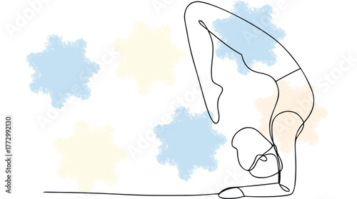 Flexible Yogi in Scorpion Pose Line Drawing with Pastel Splatters yoga flexibility single line
