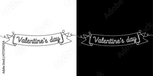 Hand-drawn banner with text 'Valentine's Day', Isolated vector image in line art style, two design options on transparent and black backgrounds
 