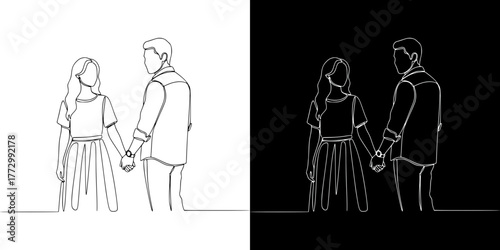Couple holding hands in line art style representing Valentine's Day, Isolated vector image in line art style, two design options on transparent and black backgrounds
  