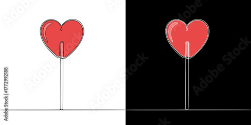 Red heart-shaped lollipop on black and white for Valentine's Day, Isolated vector image in line art style, two design options on transparent and black backgrounds
  