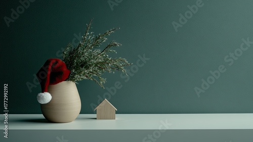 A vibrant Christmas wreath adorned with a Santa hat and a tiny house sits on a white table against a soft light green backdrop
