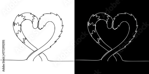 Cat tails intertwined in heart shape, Isolated vector image in line art style, two design options on transparent and black backgrounds, Valentine's Day
