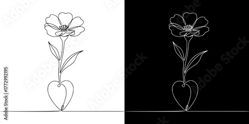 Line art flower with heart shape on contrasting backgrounds for Valentine's Day, Isolated vector image in line art style, two design options on transparent and black backgrounds
  