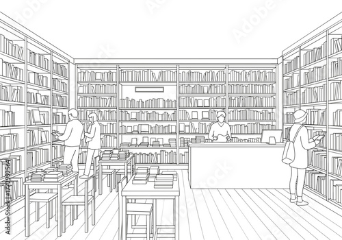 Modern bookshop interior with shelves, tables, and customers browsing  