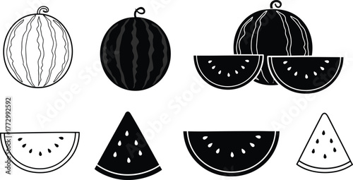 Black and white watermelon vector set, sliced fruit illustration, summer fruit design collection, juicy melon artwork, minimal fruit silhouette