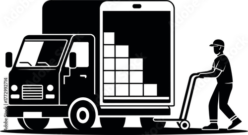 A delivery person loads a truck with a smartphone graphic representing logistics.