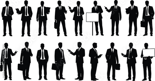 Business Professional Silhouettes in Varied Poses with Briefcases, Presentation Boards, and Documents for Corporate Communication and Workplace Illustration