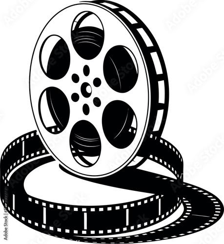 A classic film reel and strip of movie film are shown in a monochrome illustration.
