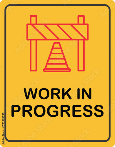 Work In Progress Sign with Barrier and Cone Icon | Safety Warning Notice for Construction and Road Repair
