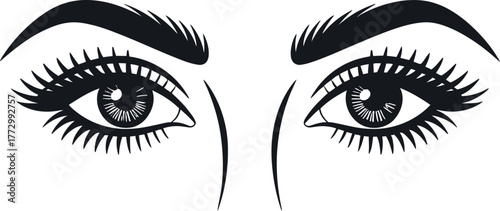 Close-up of a pair of expressive eyes with long eyelashes and dark eyebrows.