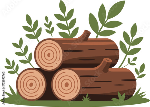 A stack of freshly cut logs rests in the grass with lush green leaves overhead.