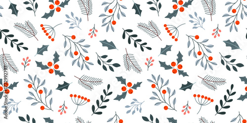 New Year's Christmas winter pattern with branches, leaves, berries and plants.