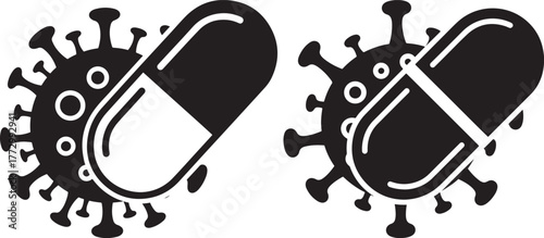 Two stylized virus icons with pills integrated into their shapes