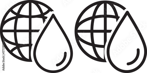 Two stylized globes with water droplets symbolizing global water resources