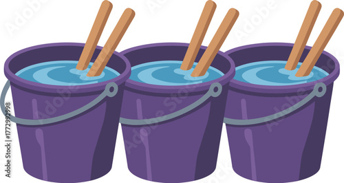 Three purple buckets filled with water and wooden sticks are lined up.