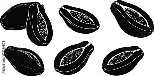 Six black papaya silhouettes with seeds isolated on white background, tropical fruit vector illustration, exotic food design for print and decor