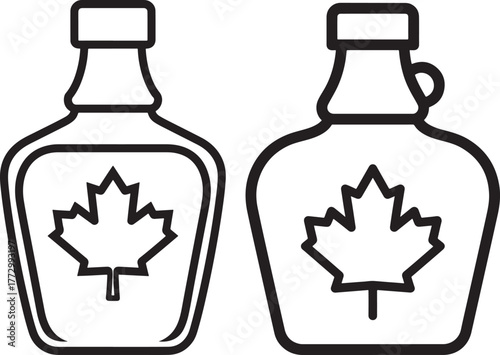 Two outline bottles of maple syrup featuring canadian maple leaf symbols
