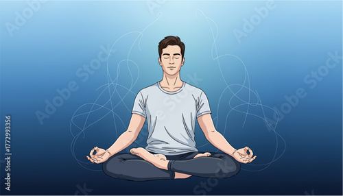 Vector Illustration of man doing yoga with blue background