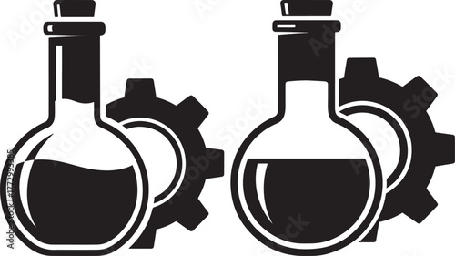 Two laboratory flasks with gears symbolizing science and industry