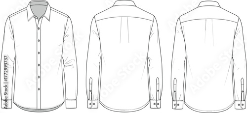 Classic men’s long sleeve dress shirt technical flat sketch, front and back view, button down formal shirt design template