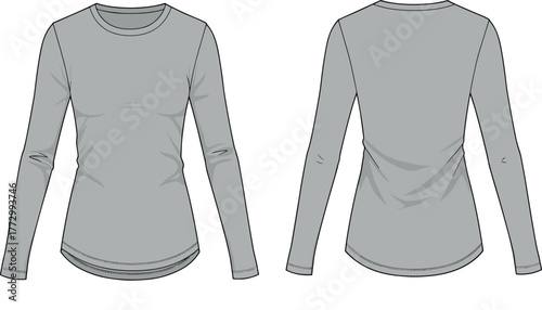 Women’s fitted long sleeve t-shirt technical flat sketch, front and back view, crew neck casual top fashion design template