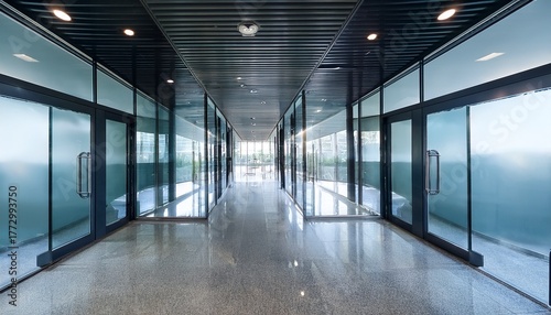 office corridor featuring transparent glass partitions and a door leading to a vacant space glass entry door entrance doors of a shopping center with reflective surfaces and dark frames st