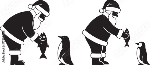 Santa claus offers fish to penguins in a whimsical holiday illustration