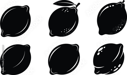 Set of lemon fruit silhouette icons, black citrus vector collection, minimal lemon design for healthy food, organic fruit illustration