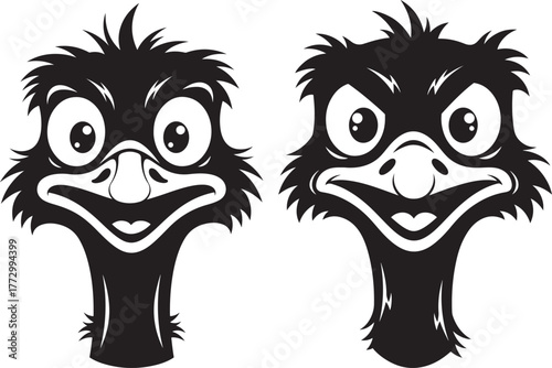Two silhouetted cartoon ostrich heads with big eyes and open beaks