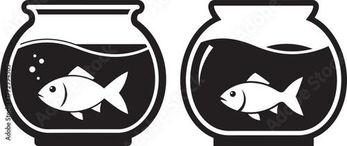 Two cartoon fish swimming in separate glass fishbowls with water