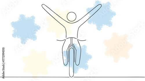 Cyclist with arms raised in victory single line with colorful splashes